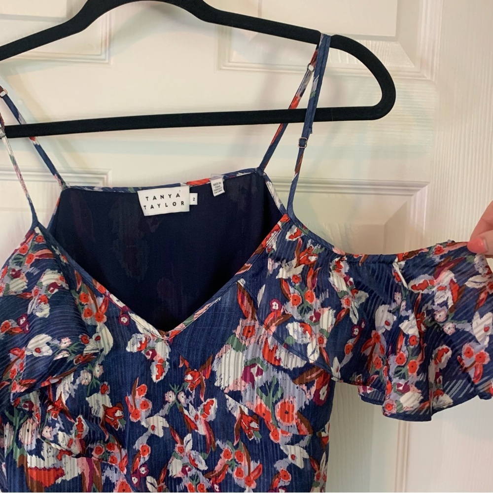 Tanya Taylor Navy Floral Cold-Shoulder Ruffle Silk Blouse, size 2 - Picture 5 of 11